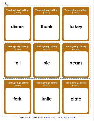 2nd Grade Thanksgiving Words Theme Spelling List Flashcards Worksheet